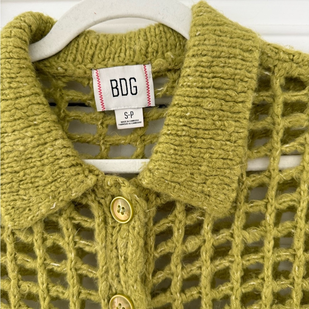 BDG For Urban Outfitters Open-Knit Short Sleeve Button Cardigan in Chartreuse - Picture 6 of 11